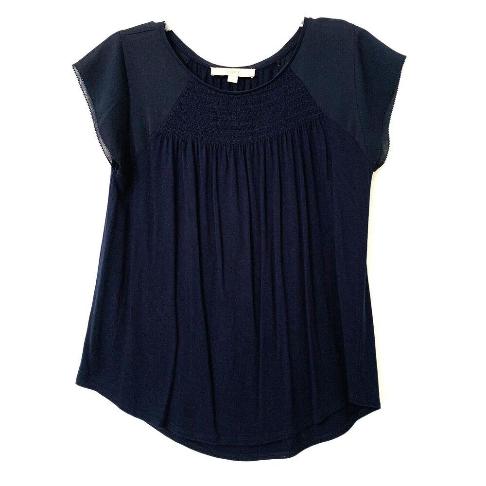 LOFT Top Blouse Women Small Navy Sheer Cap Short Sleeve Hi Lo Round Hem Beach